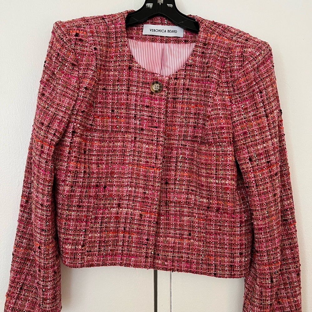 Veronica Beard Pink Multi-Thread Tweed Blazer with Gold Buttons